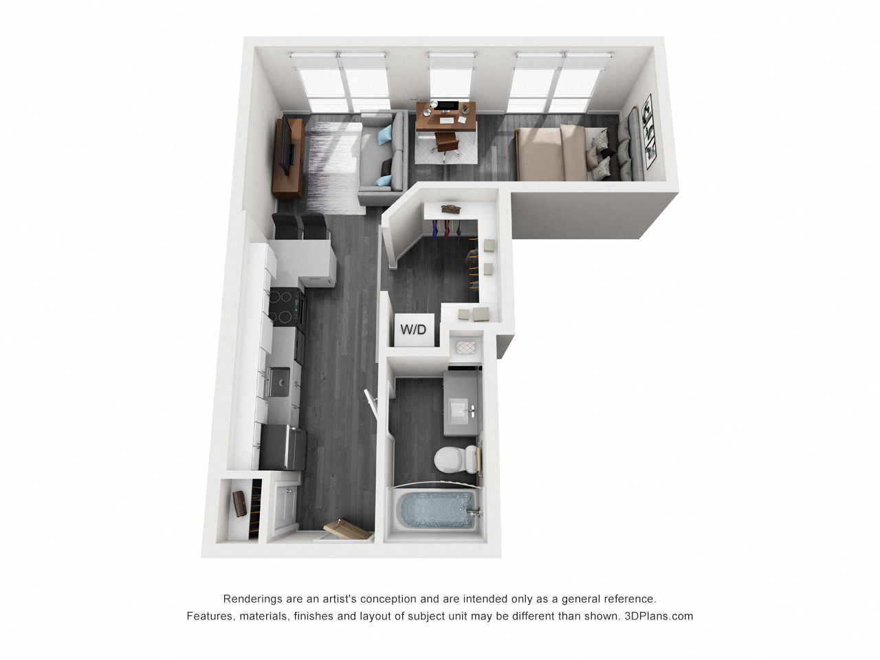 Floor plan for studio, 1 bath, 528 sqft